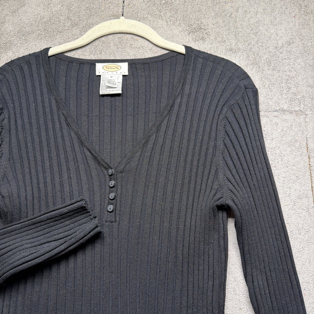 Talbots Henley Sweater Charcoal Ribbed Knit Petite Medium Stretch